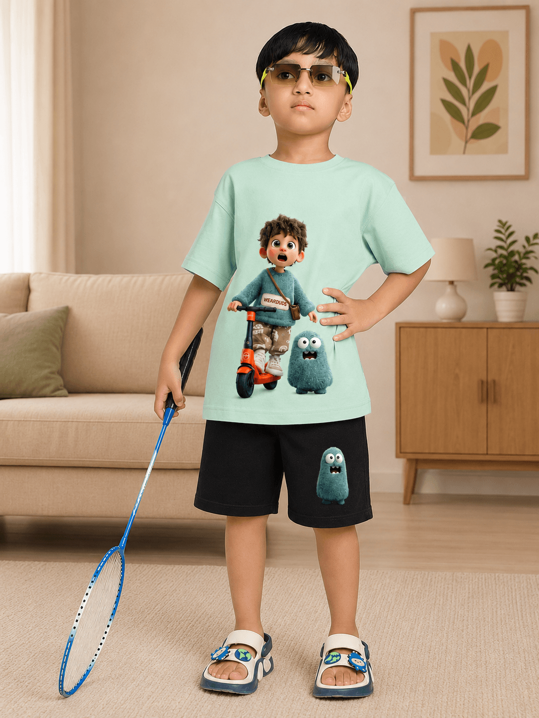 FUN MONSTER GRAPHIC CO-ORD FOR BOYS GIRLS GREEN BLACK outfit modeled by boy with sunglasses and scooter.