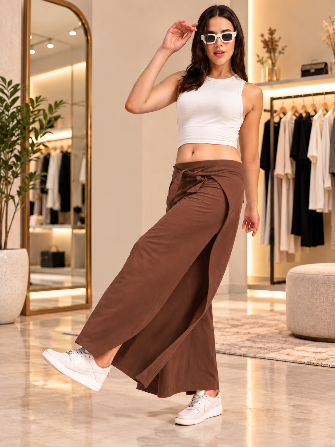 WOMEN WIDE LEG FLOWY LOUNGE JOGGERS DARK BROWN