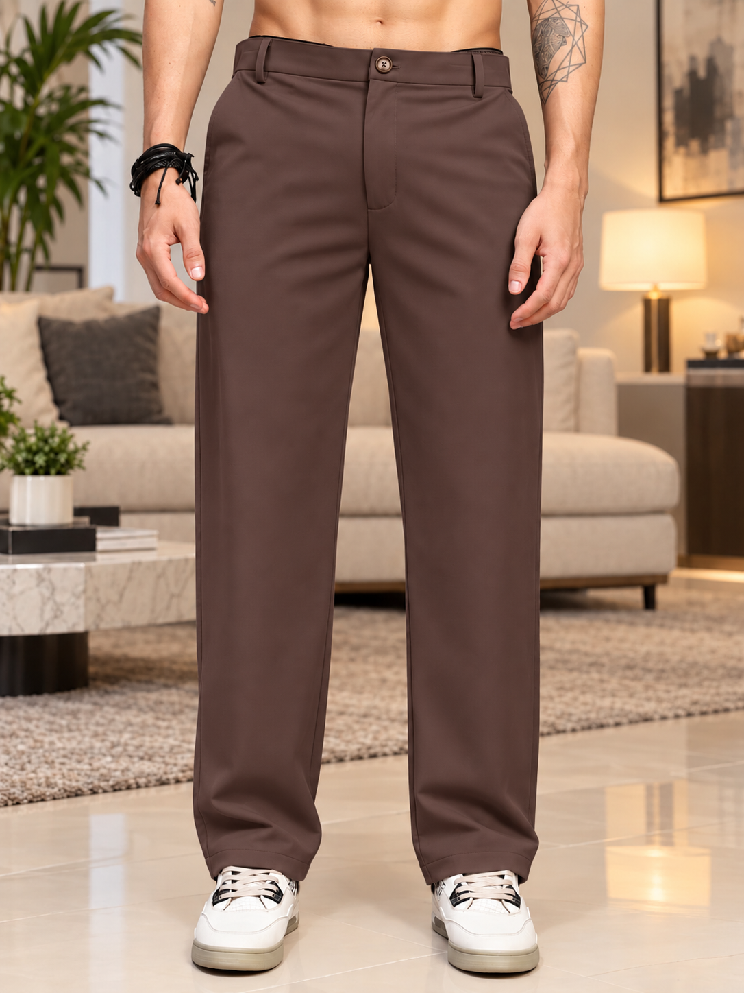 COMFORTABLE STRAIGHT CASUAL PANTS DARK BROWN