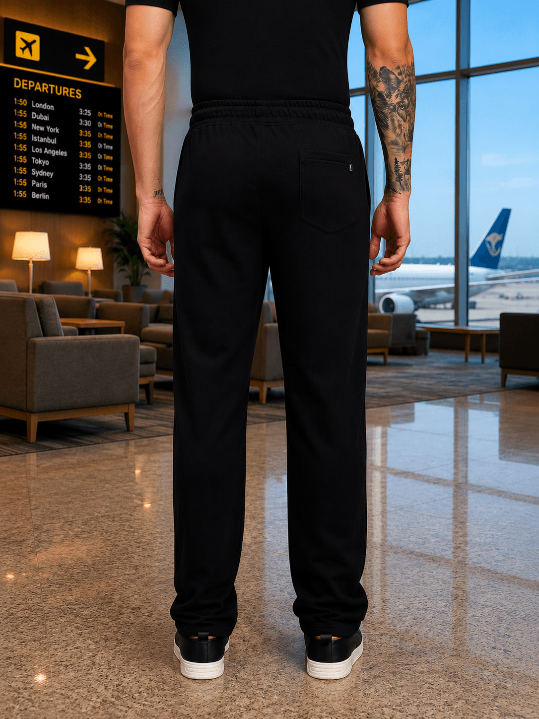 A man wearing YOUTH CONTREST PIPING CO-ORD SET BLACK, viewed from the back in an airport setting.