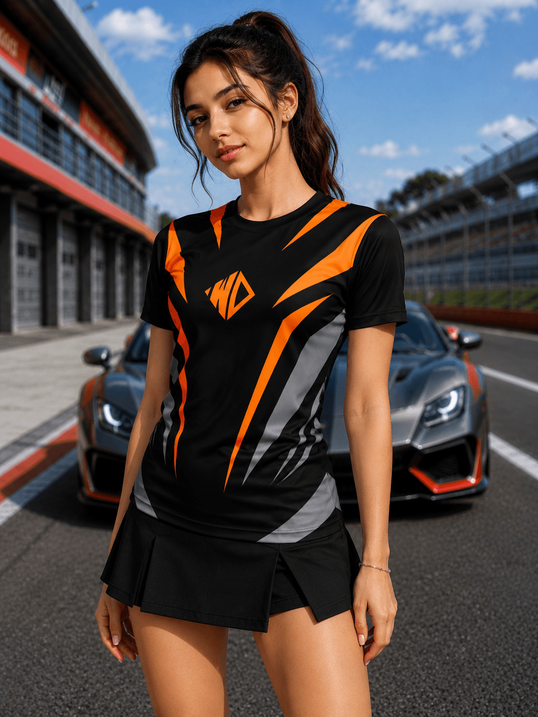 Women Apex Racing Regular T-Shirt Black Multi worn by model at a racetrack with sporty background.