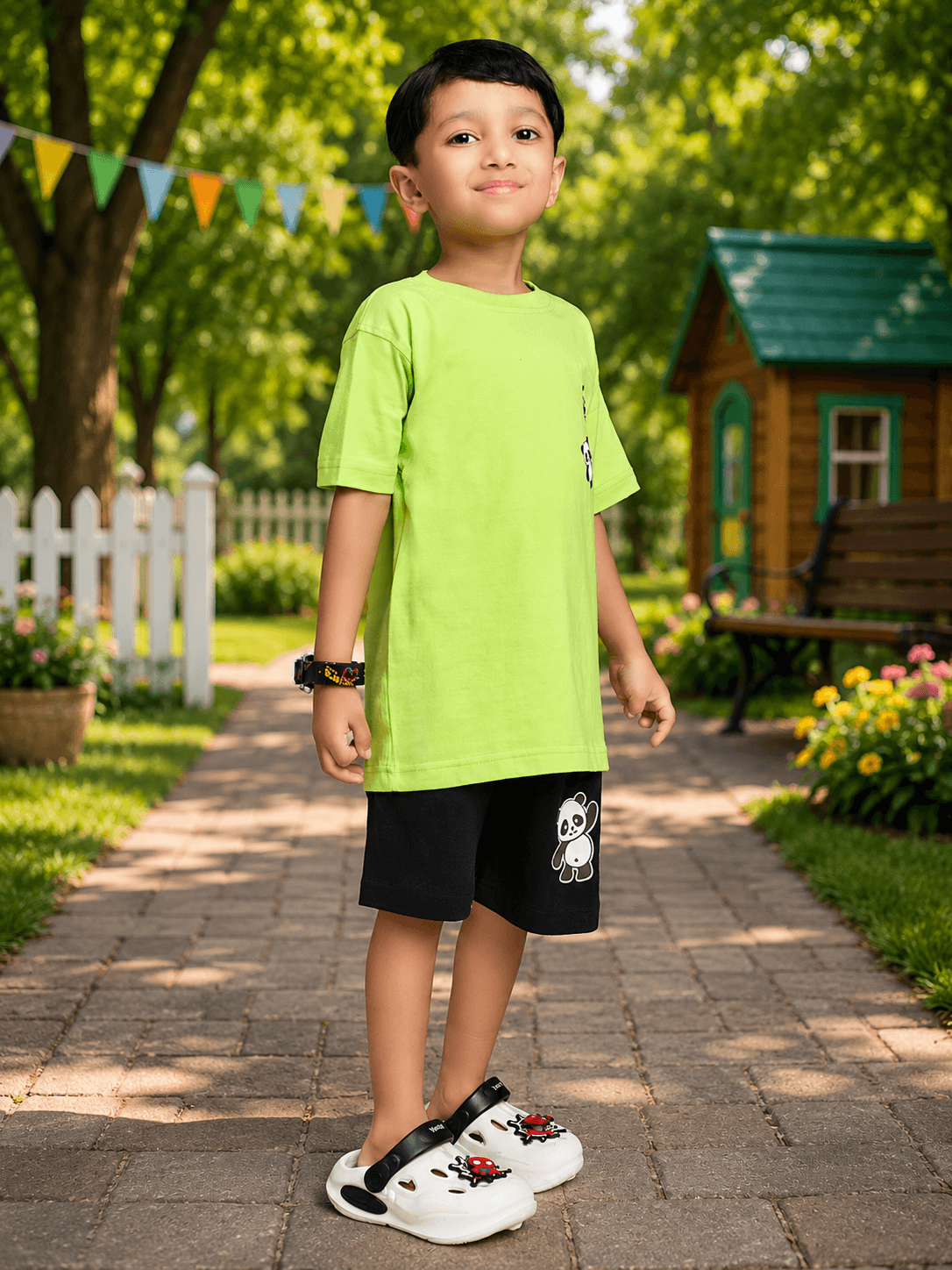 PEEK-A-PANDA CO-ORD FOR BOYS GIRLS LIME GREEN BLACK