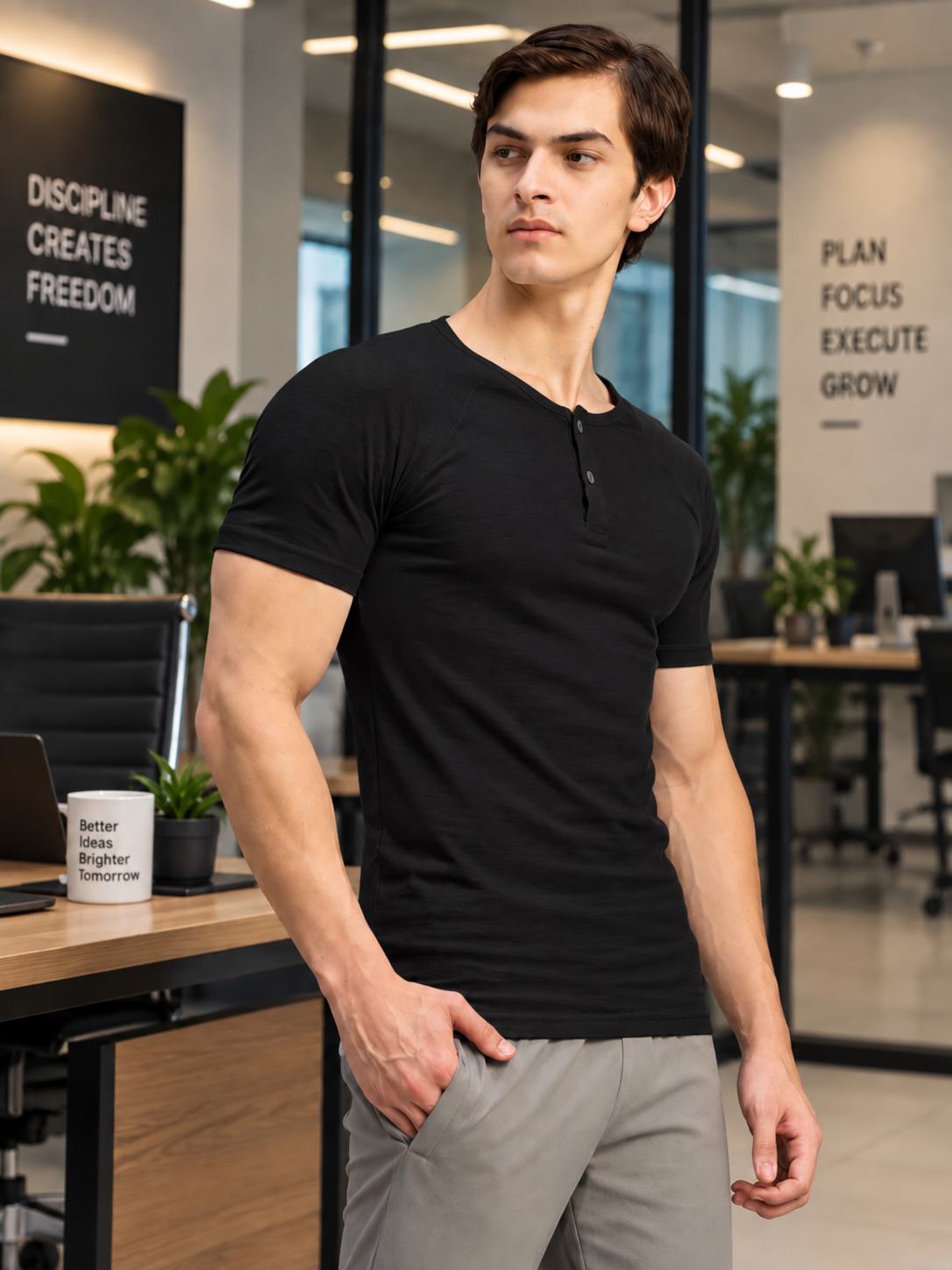 SLEEVE BUTTON HENLEY BLACK