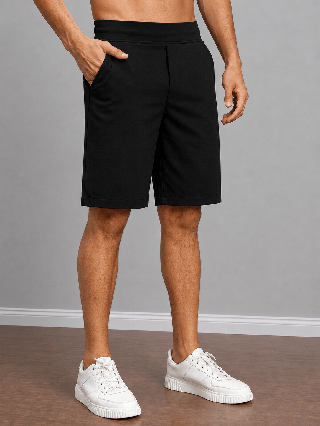 SMART CASUAL TOBACCO REGULAR SHORTS BLACK showcased on a model, featuring a clean silhouette and versatile black finish.