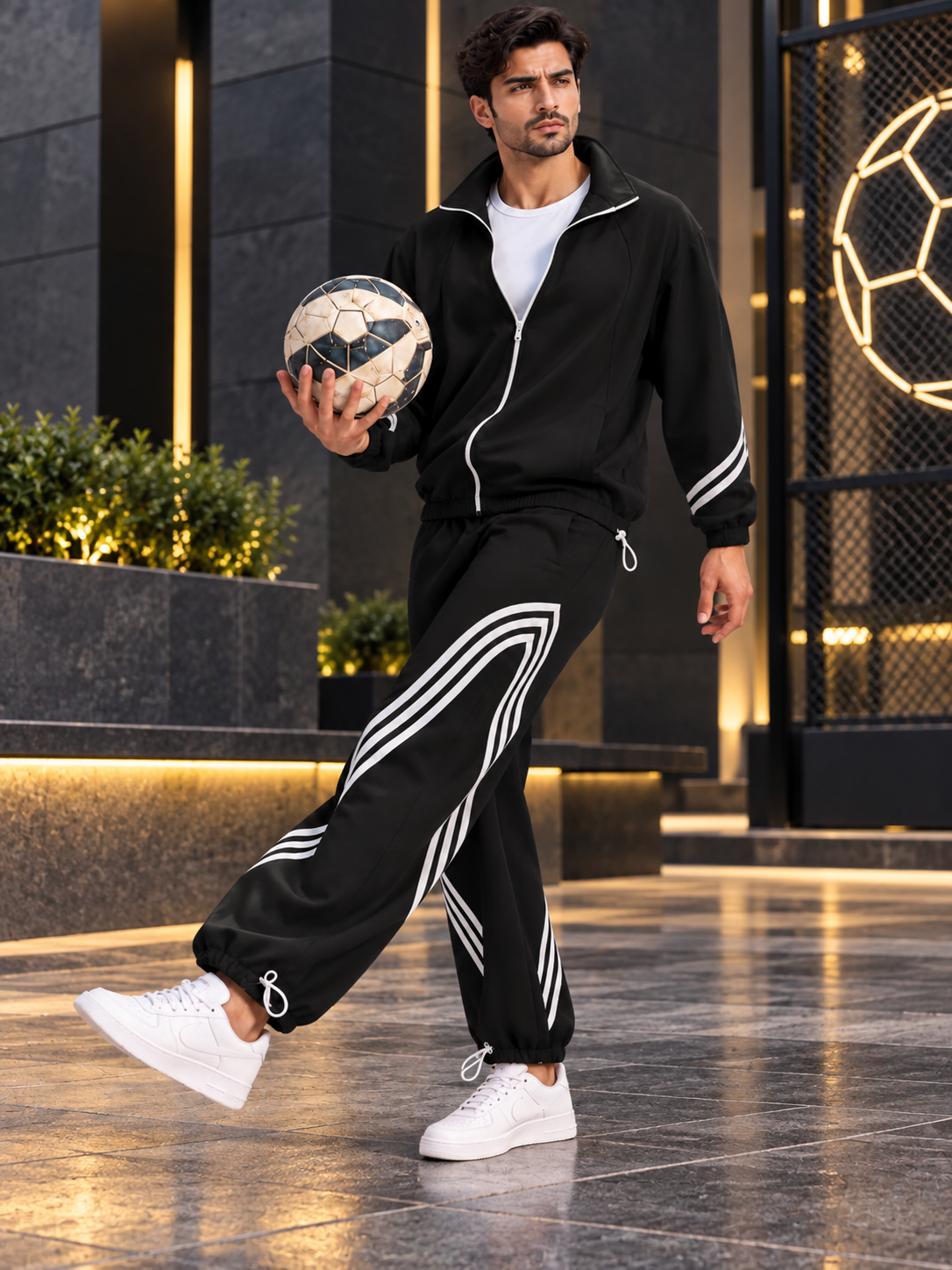 STREETWEAR THREE STRIPE CO-ORD SET FULL ZIPPER BLACK