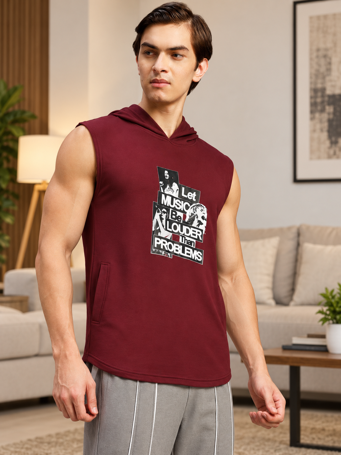 HOODIE SLEEVELESS GRAPHIC PRINT MAROON