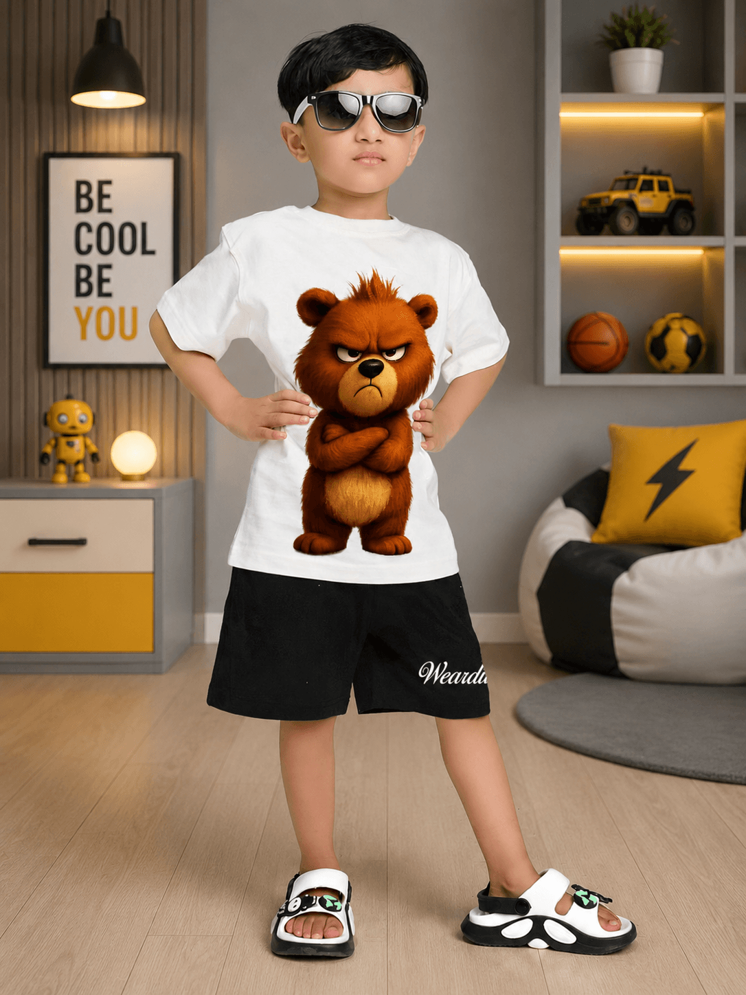 BEAR GRAPHIC CASUAL CO-ORD FOR BOYS GIRLS WHITE BLACK worn by a boy with sunglasses and a bear print shirt.