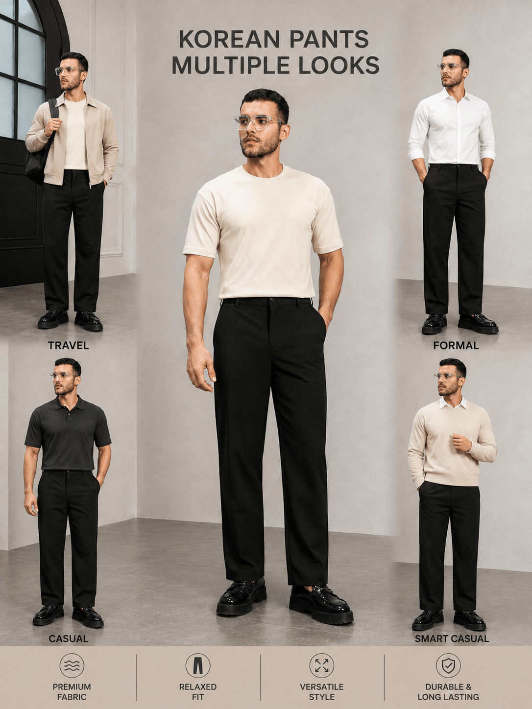 HIGH-FLEX TAILORED PANTS DARK BLACK shown in multiple styles including travel, casual, and formal outfits.