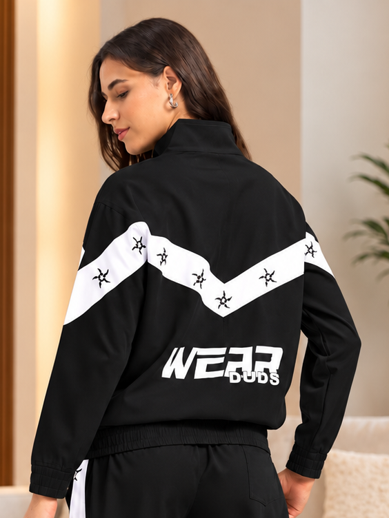 WOMEN MATCHING LOOSE FIT ZIPPER JACKET BLACK WHITE