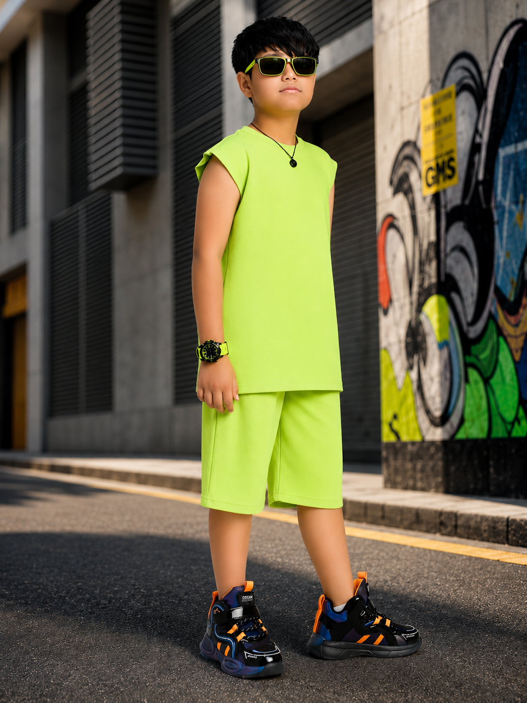 NEON RUSH SLEEVELESS CO-ORD FOR BOYS GIRLS NEON GREEN