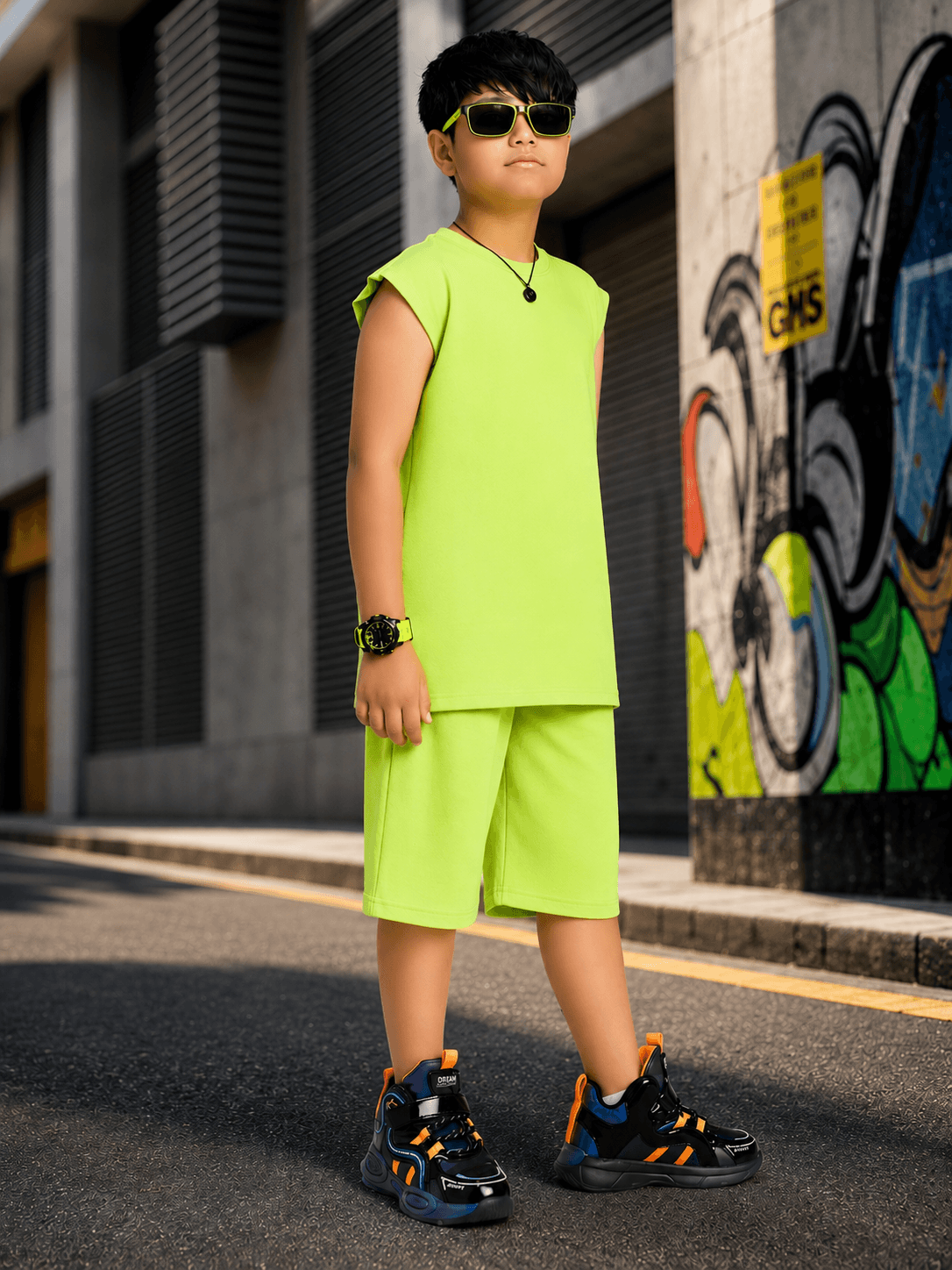 NEON RUSH SLEEVELESS CO-ORD FOR BOYS GIRLS NEON GREEN worn by a child in a vibrant urban setting.