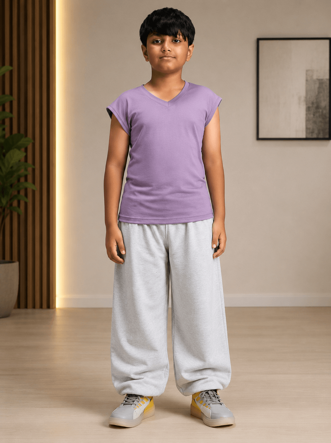 LEVELUP GAMER T-SHIRT FOR BOYS GIRLS LAVENDER worn by a child in a cozy setting, paired with casual grey sweatpants.