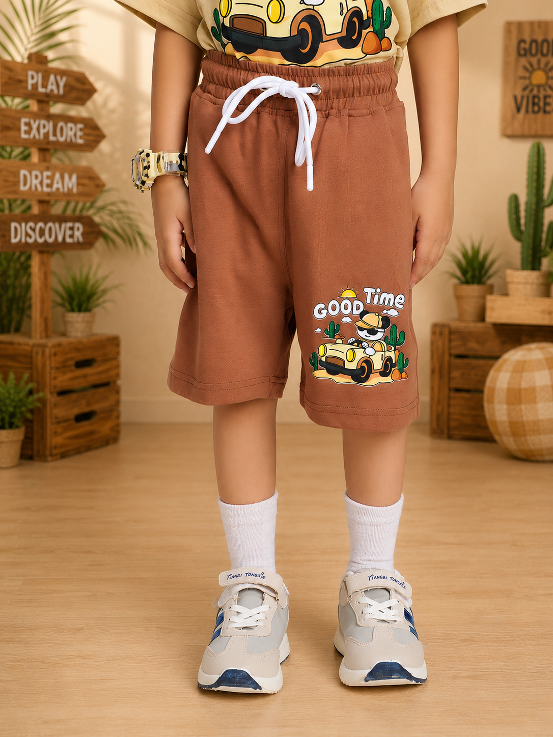 GOOD TIME PRINT SHORTS FOR BOYS GIRLS BROWN