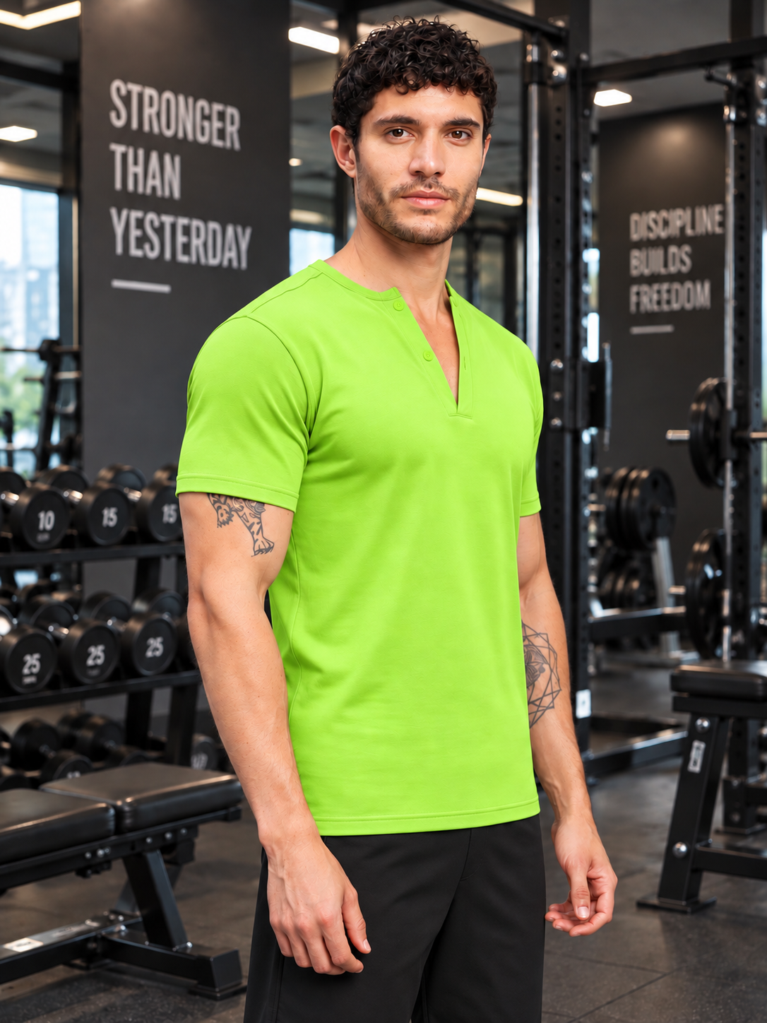 ATHLETIC HENLEY REGULAR FIT T-SHIRT NEON GREEN