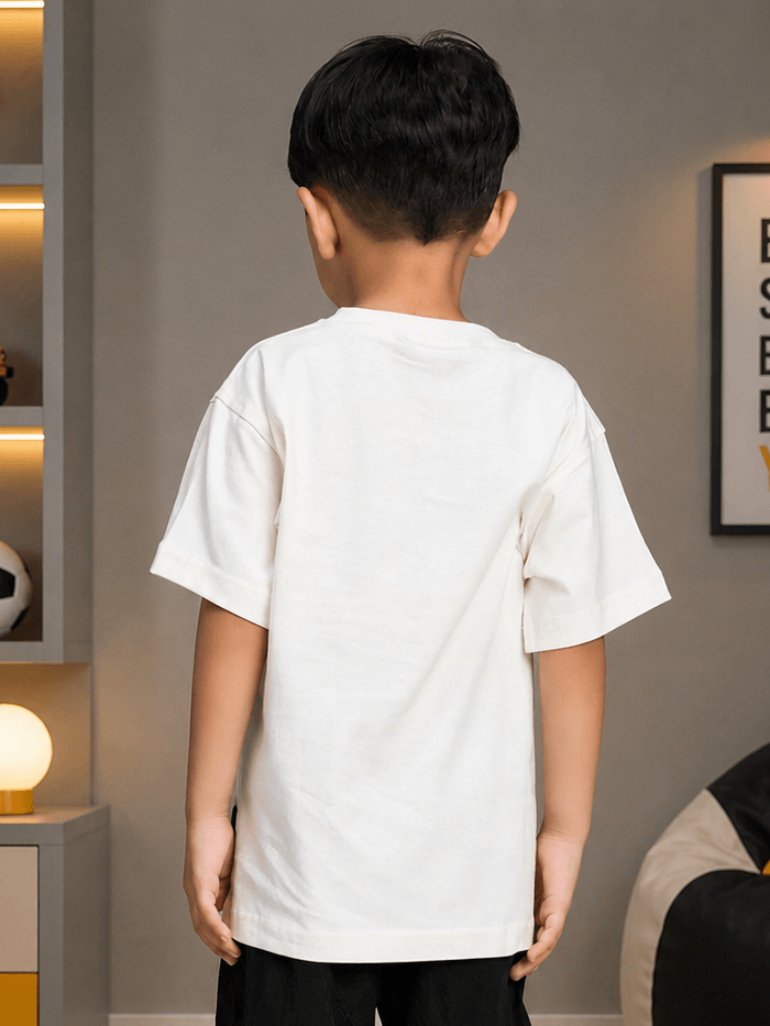 BEAR GRAPHIC CASUAL T-SHIRT FOR BOYS GIRLS WHITE back view on a child, showcasing its comfortable fit and classic white color.