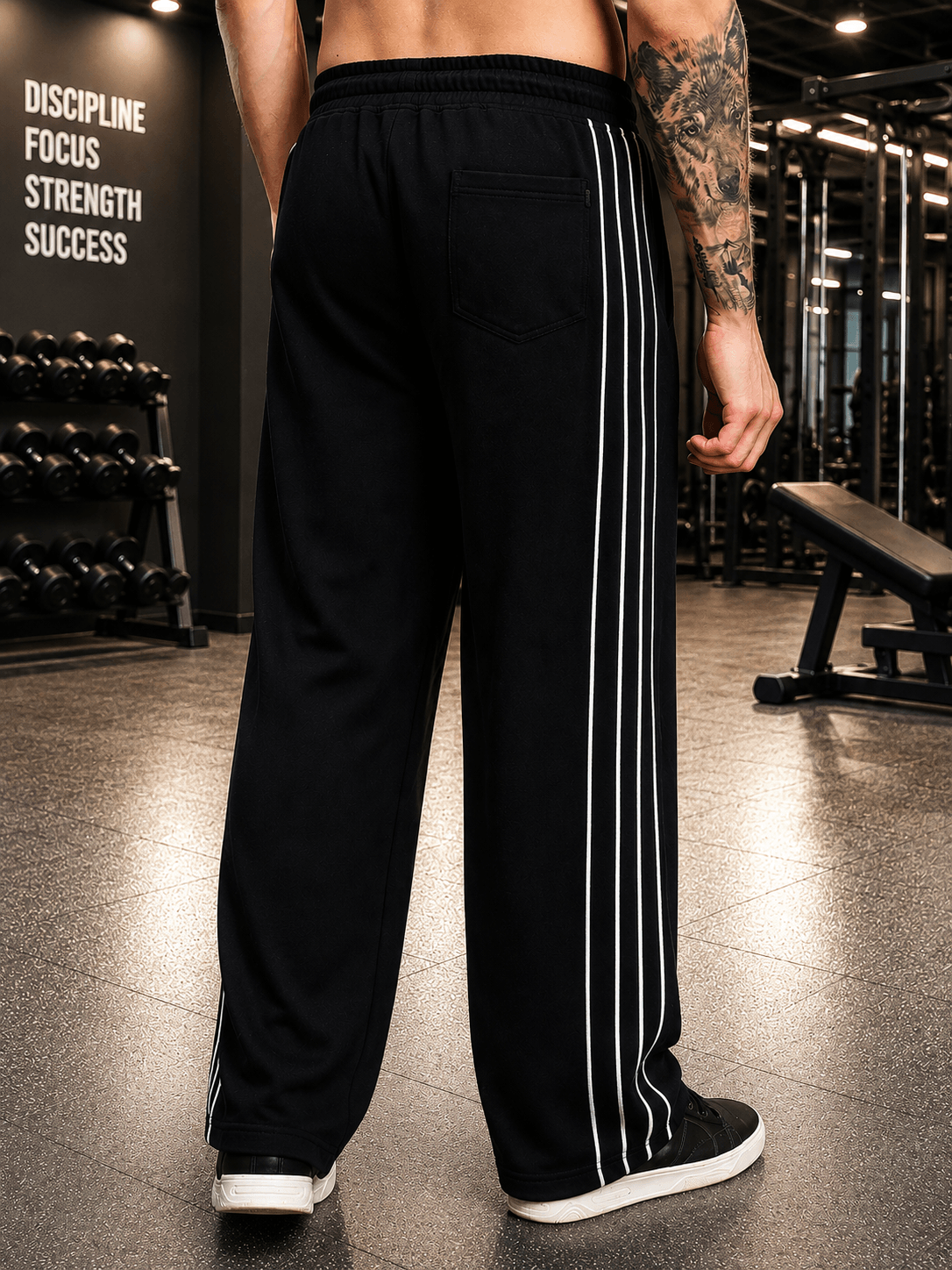 BLACK OUT-FIT JOGGERS BLACK shown from the back with white stripes in a gym setting.