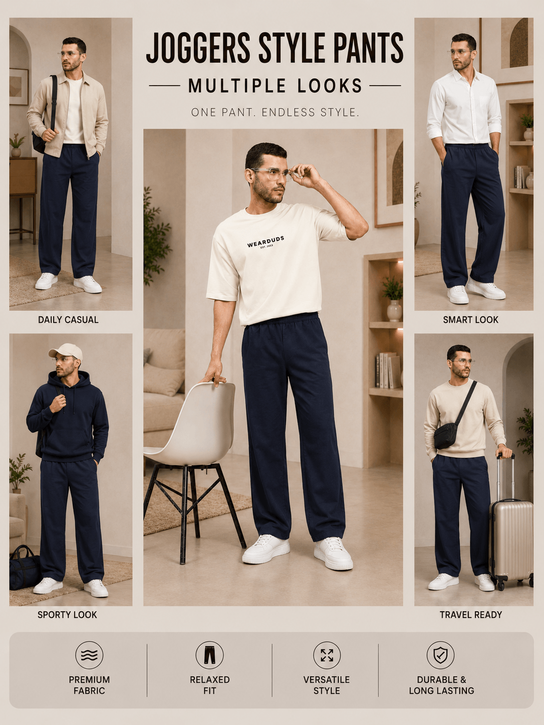 ATHLETIC DRESS TRACK TROUSERS DARK GARY showcasing multiple styles for casual, smart, sporty, and travel looks.