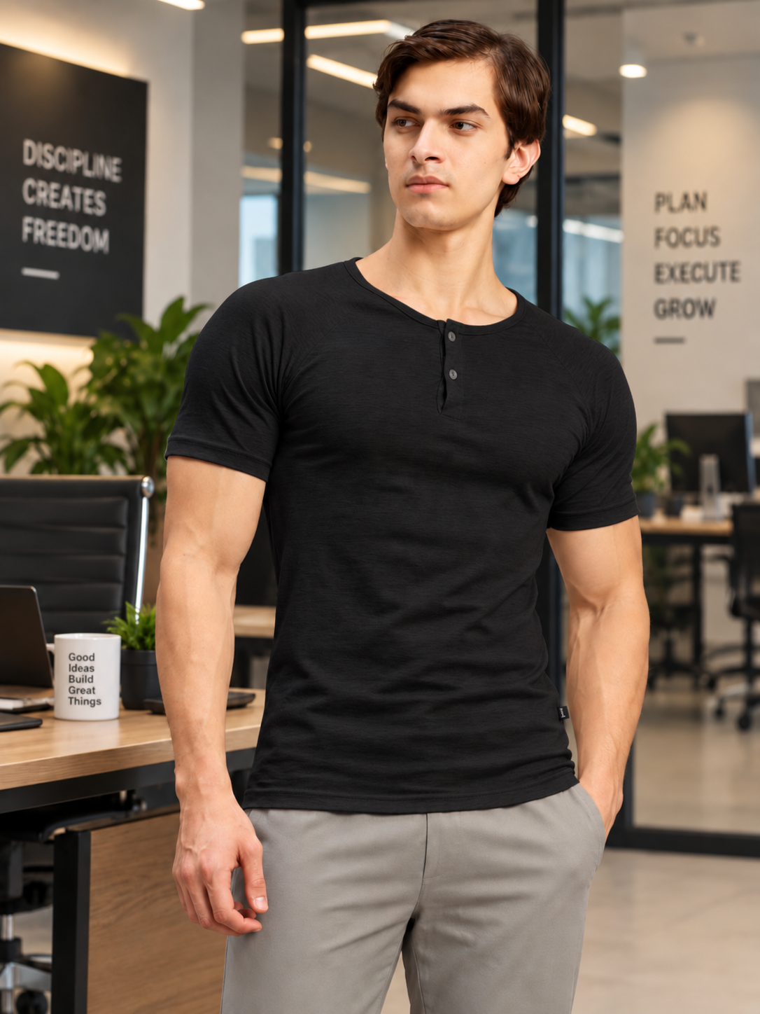 SLEEVE BUTTON HENLEY BLACK