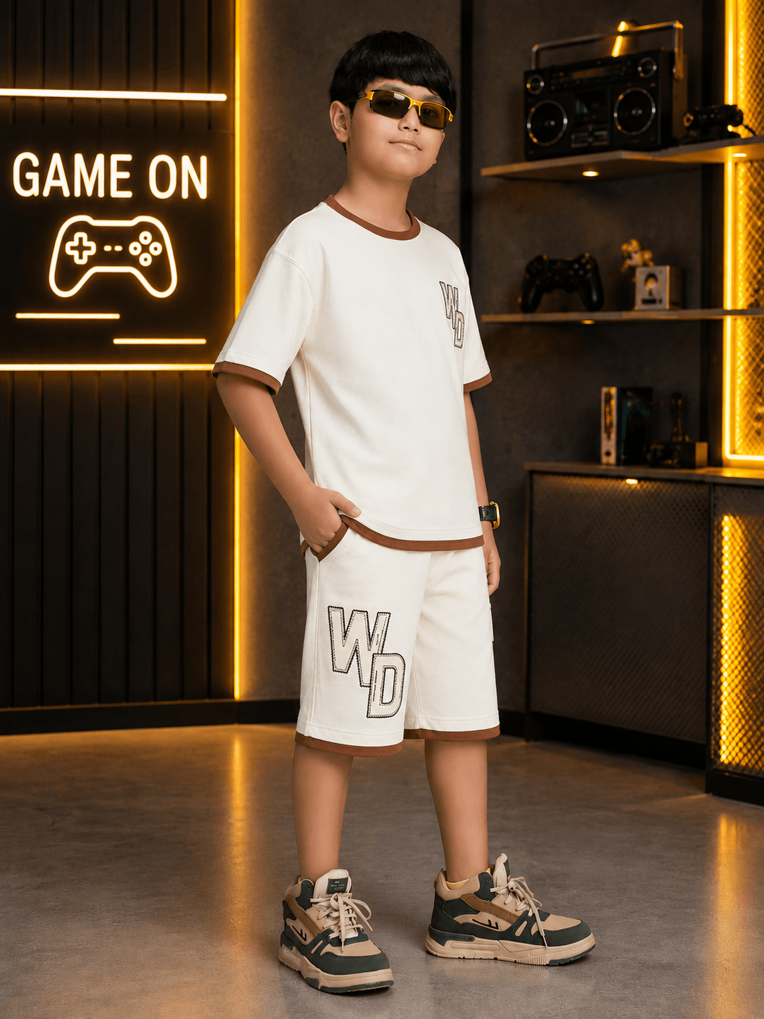 DOWNTOWN T-SHIRT FOR BOYS & GIRLS OFF-WHITE worn by a kid in a gaming-themed room.