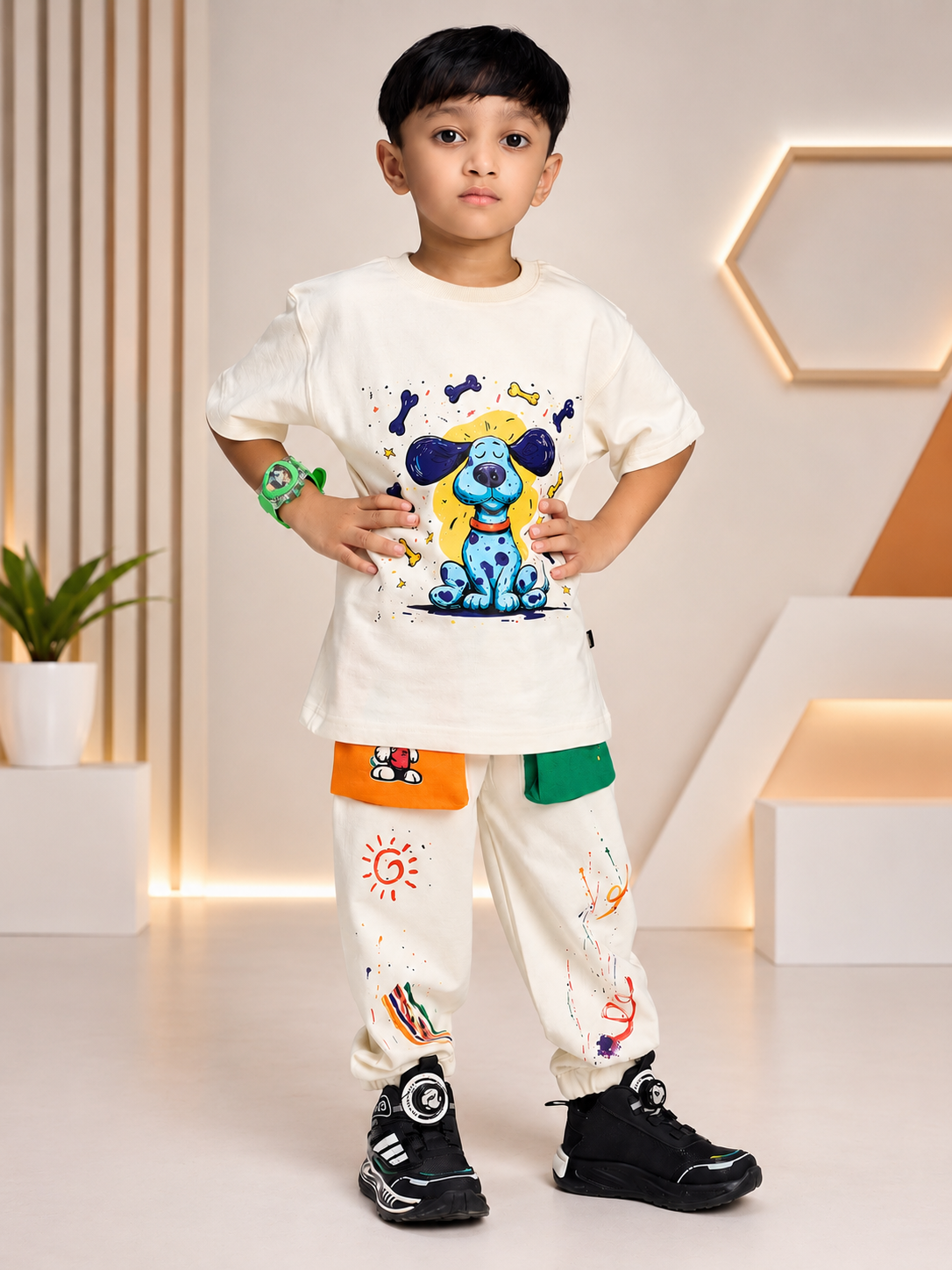 CUTE BLUE PUPPY PRINT CO-ORD FOR BOYS GIRLS OFF WHITE