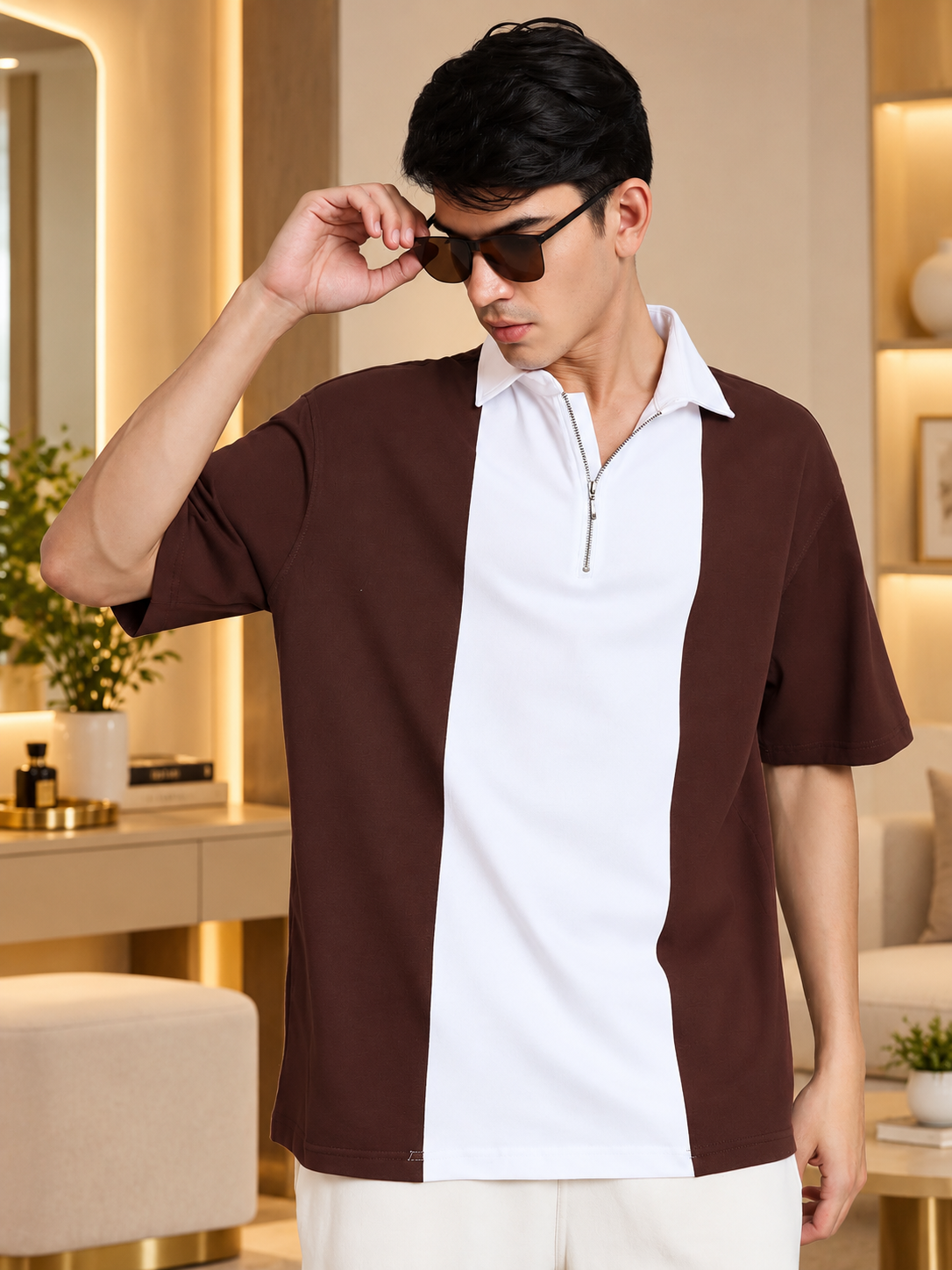 CONTRAST POLO OVERSIZED ZIPPER T-SHIRT BROWN WHITE