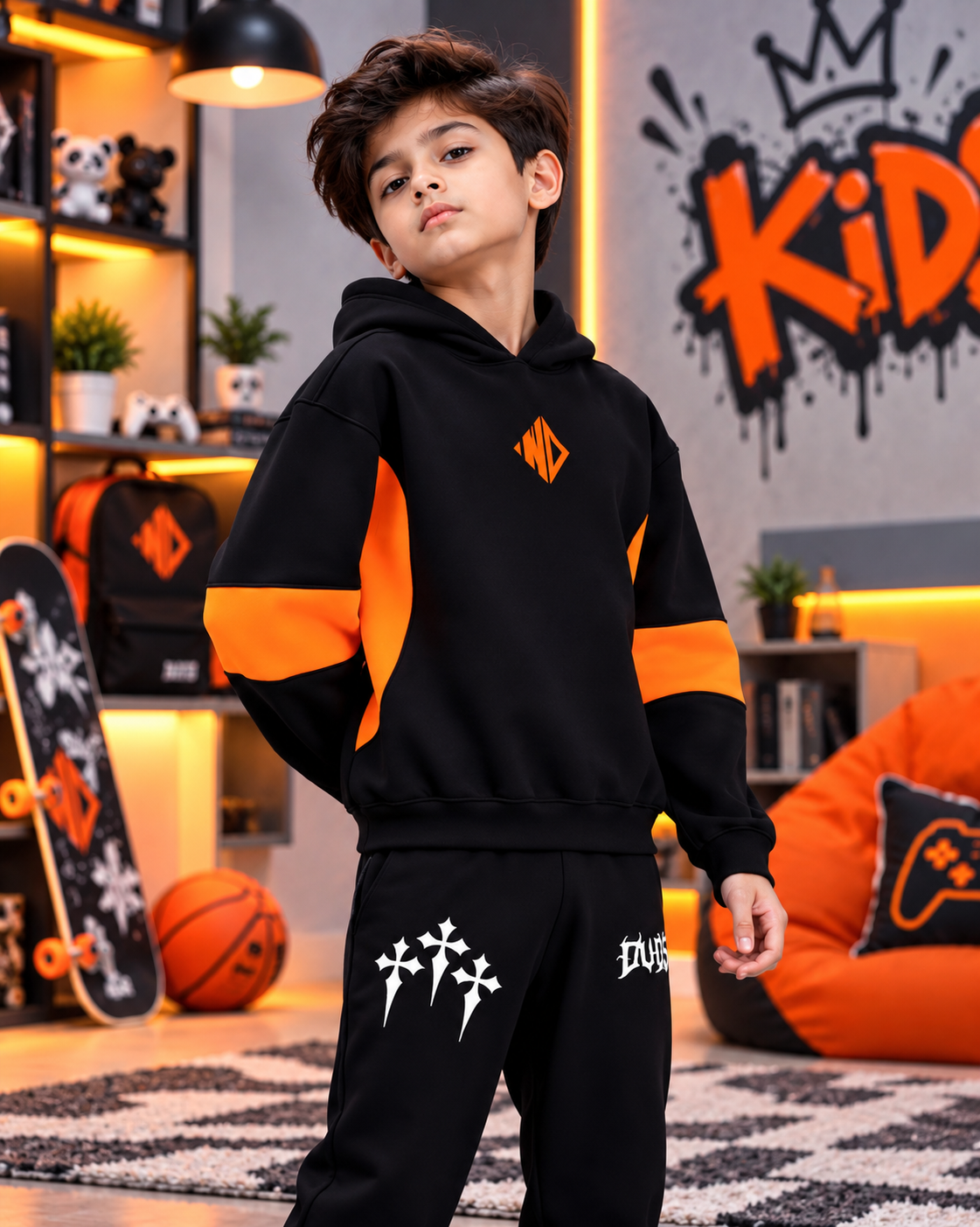 WD GORBCORE FLEECE HOODIE FOR BOYS AND GIRLS BLACK ORANGE