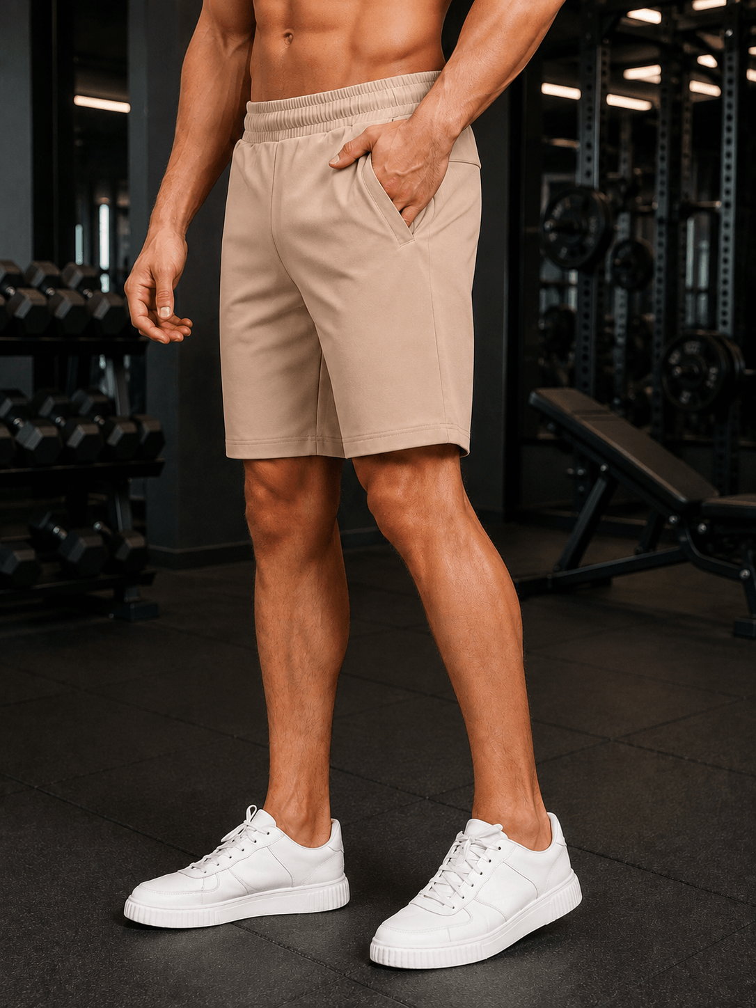 SLIM-FIT SOLID REGULAR SHORTS BEIGE worn with white sneakers in a modern gym setting, highlighting a clean silhouette.