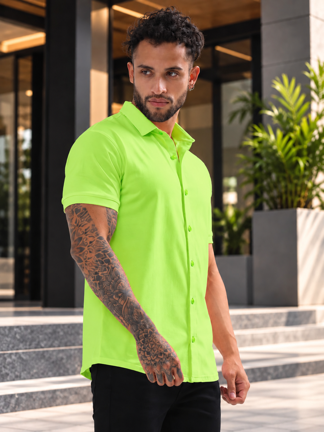 NOIR NEON GREEN HALF-SLEEVE SHIRT SLIM FIT