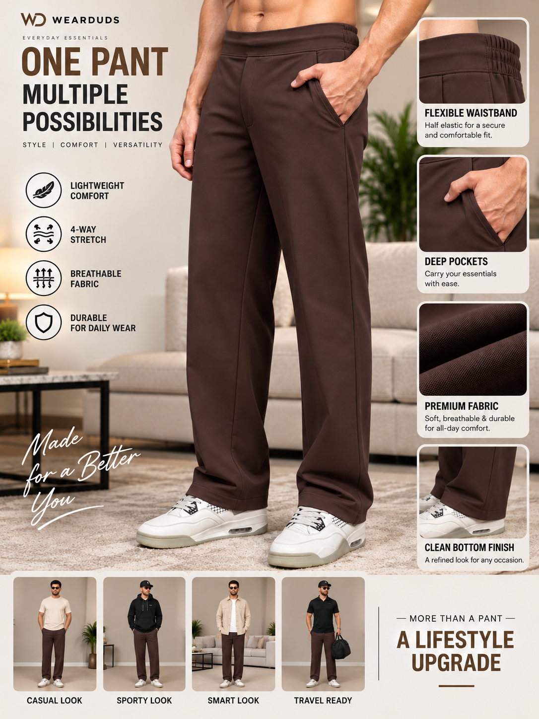 WAISTBOARD SMART CASUAL PANTS DARK BROWN