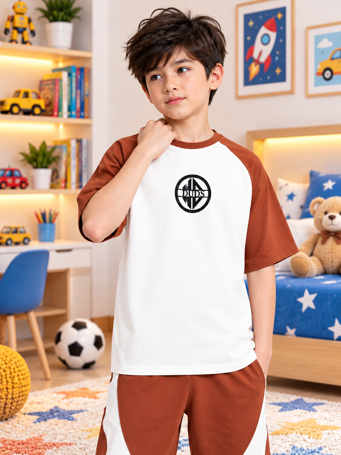 CHESTNUT RAGLAN BLOCKED OVERSIZED T-SHIRT FOR BOYS GIRLS OFF WHITE BROWN
