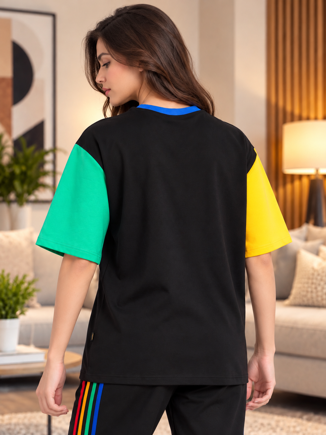 WOMEN CHROMA COLOR BLOCKED OVERSIZED T-SHIRT BLACK