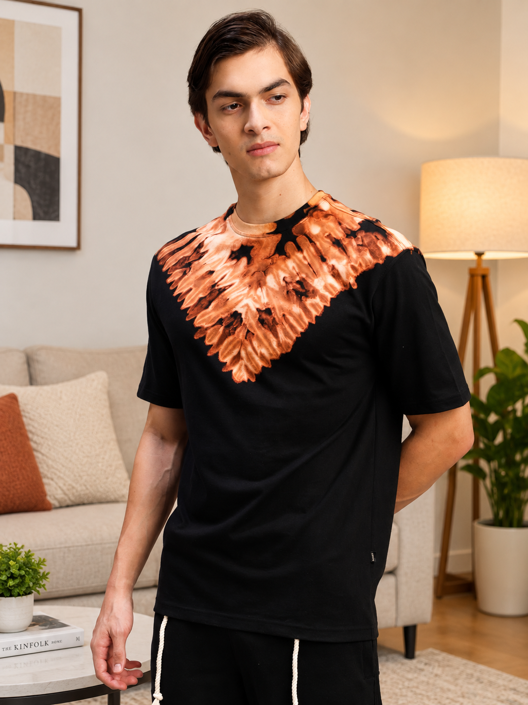 ROUND TIE-DYE NECK T-SHIRT BLACK BROWN