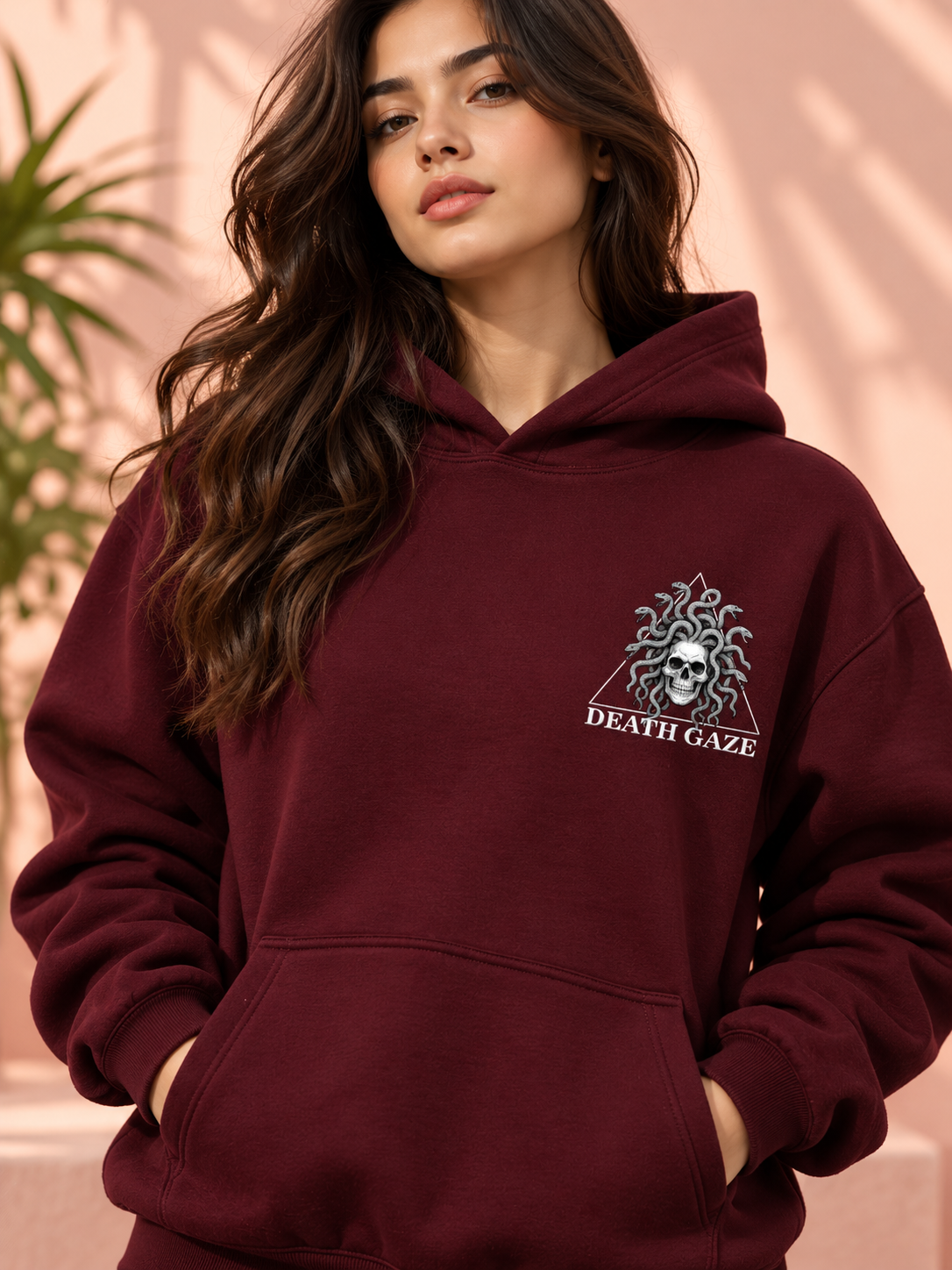 WOMEN GORGON SKULL PRINTED FLEECE HOODIE WINE