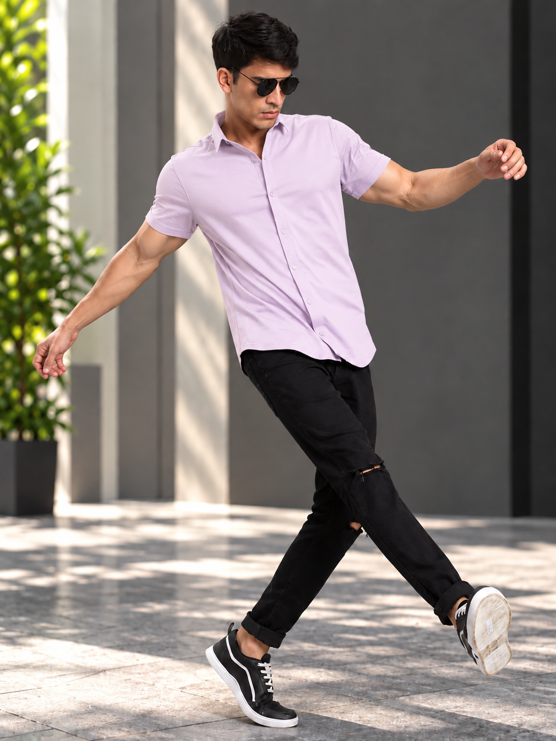 NOIR LILAC WRINKLE FREE COTTON HALF SLEEVE SHIRT