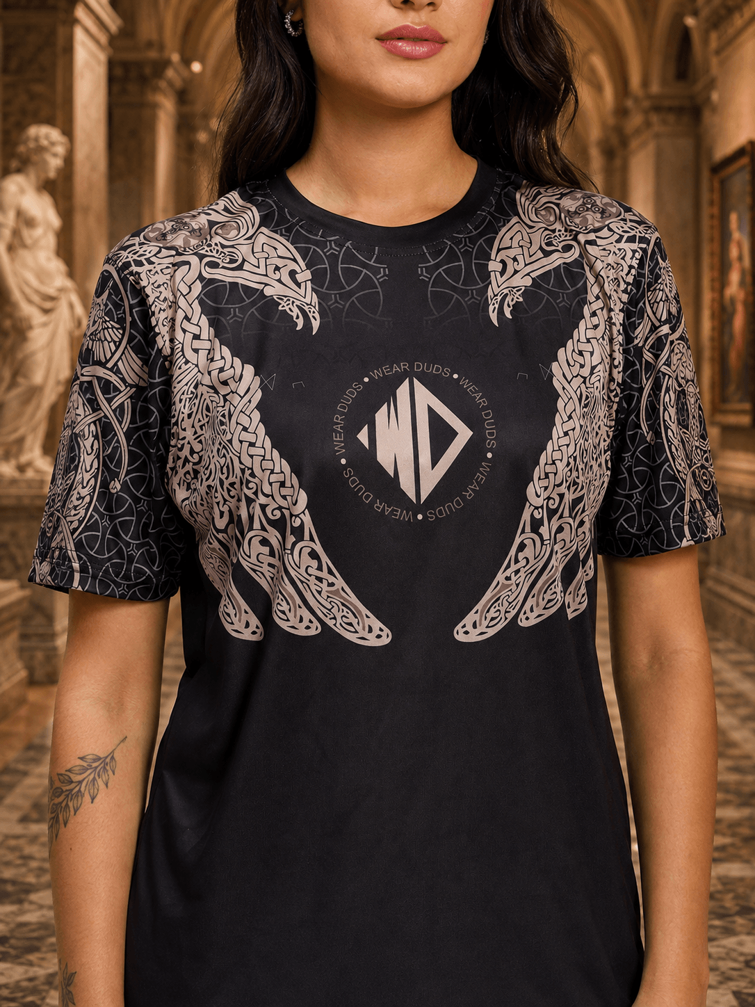 Women Aura of Asgard Regular T-Shirt Black featuring intricate wing graphics and a classic black design.