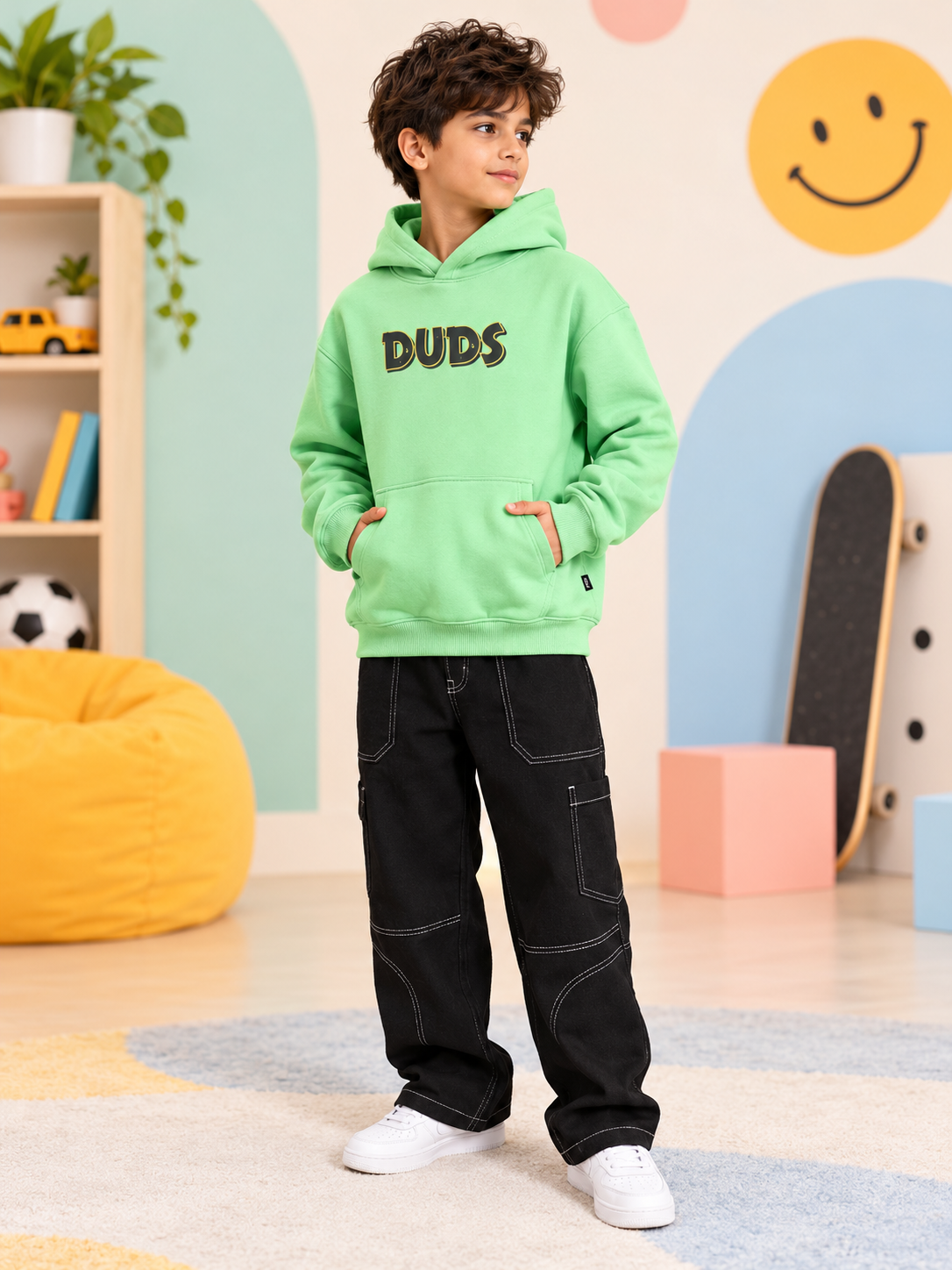 JUDY NICK ZOOTOPIA FLEECE HOODIE KIDS GREEN worn by boy with DUDS print in playroom setting