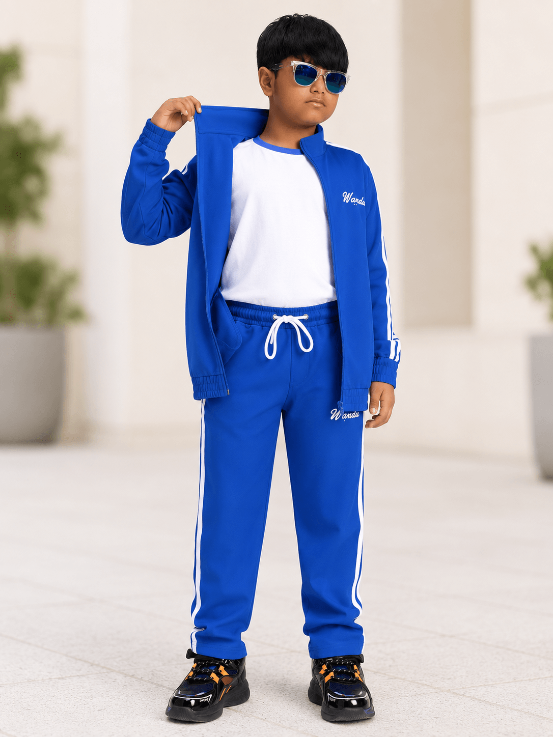 SPORTY ZIP UP JACKET FOR BOYS GIRLS ROYAL BLUE worn by a boy in a stylish outdoor setting.