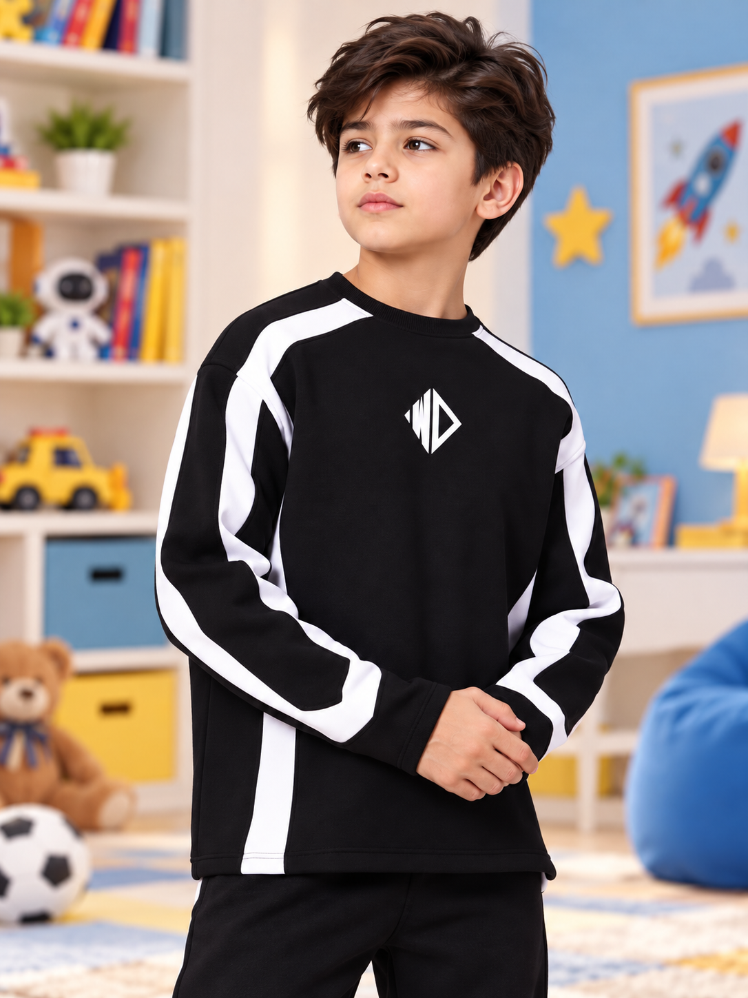 RUGBY OVERSIZED FLEECE SWEATSHIRT KIDS BLACK WHITE