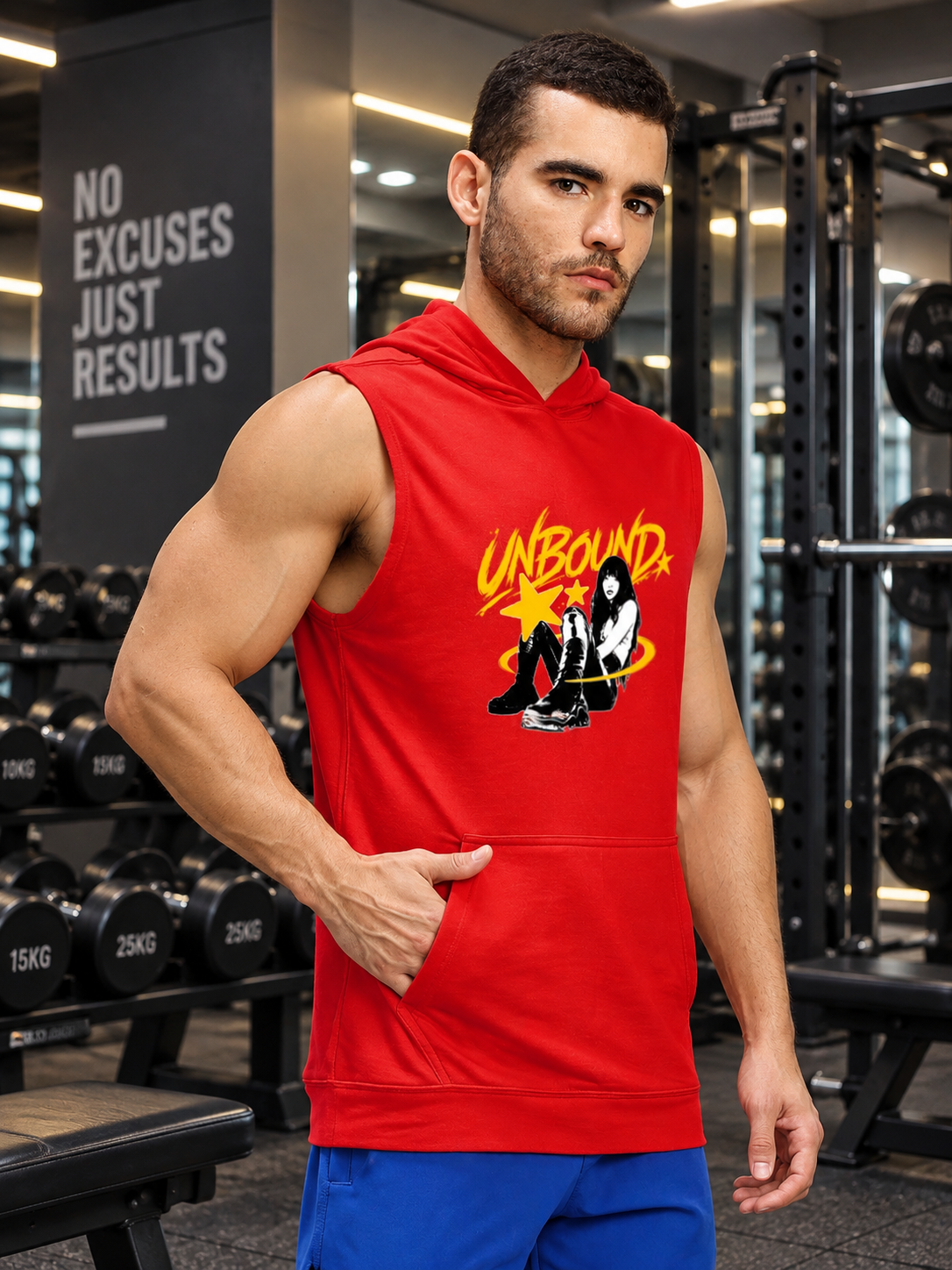 GRAPHIC GYM SLEEVELESS HOODED T-SHIRT RED