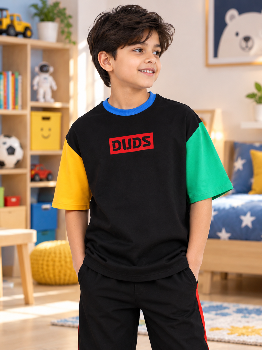 CHROMA COLOR BLOCKED OVERSIZED T-SHIRT FOR BOYS GIRLS BLACK