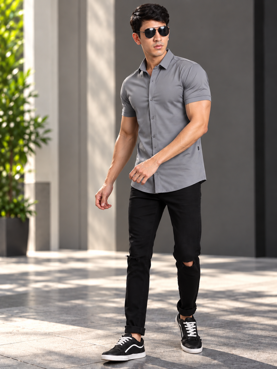NOIR GREY WRINKLE FREE HALF SHIRT