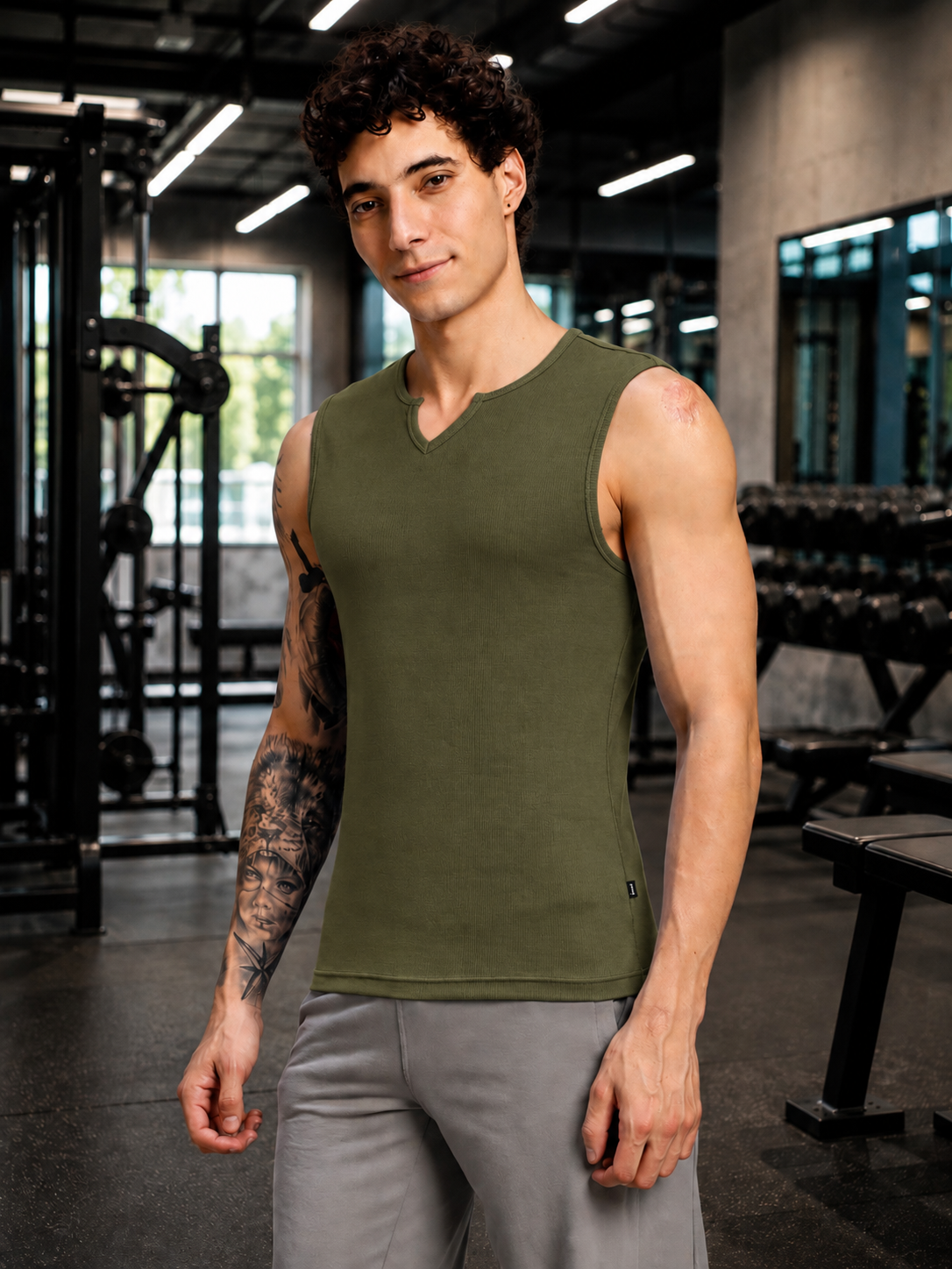 SLEEVELESS WORKOUT COTTON T-SHIRT OLIVE GREEN