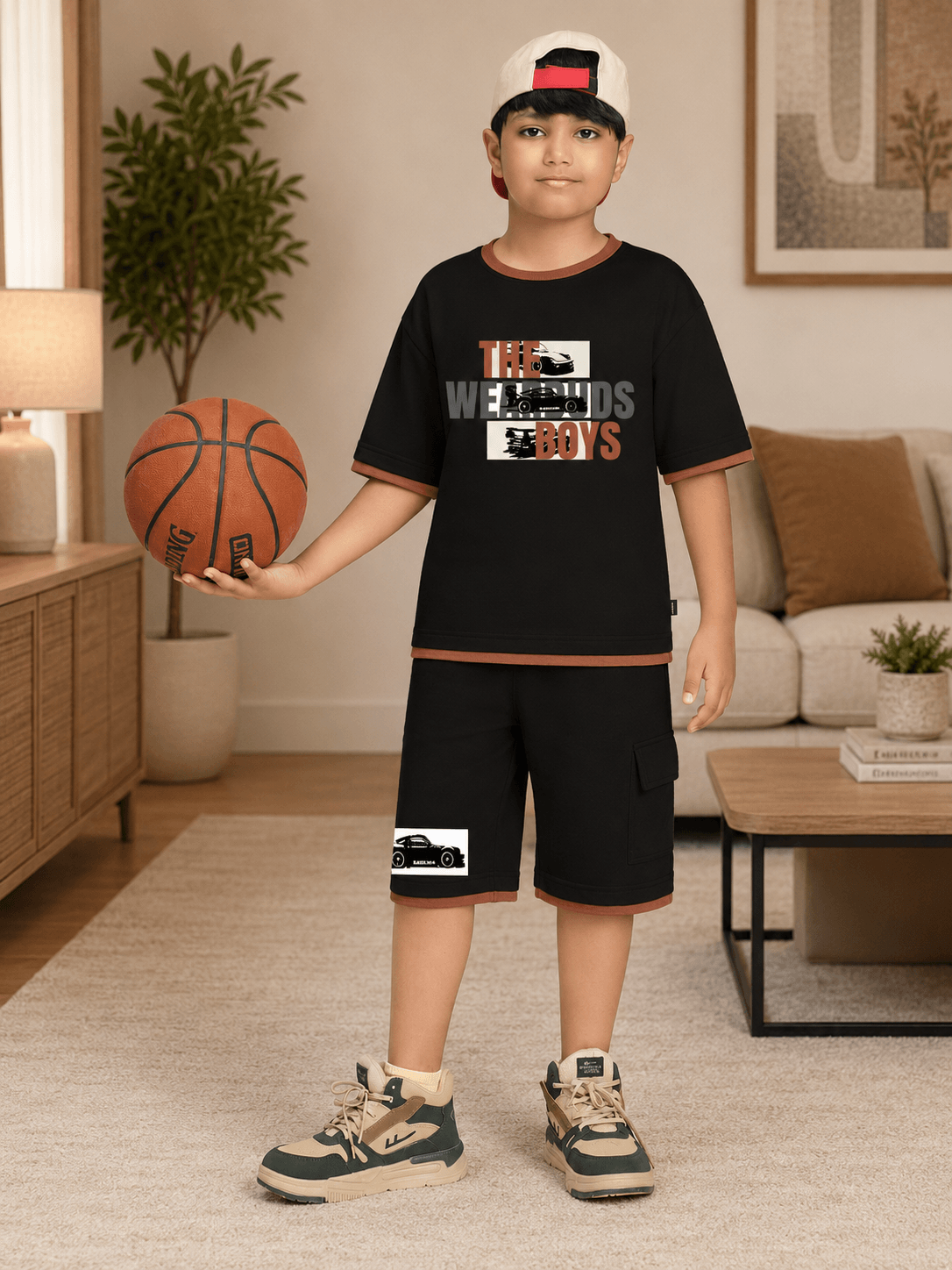 SPEED CLUB SET CO-ORD FOR BOYS GIRLS BLACK sporty outfit with a boy holding a basketball in stylish black clothing.