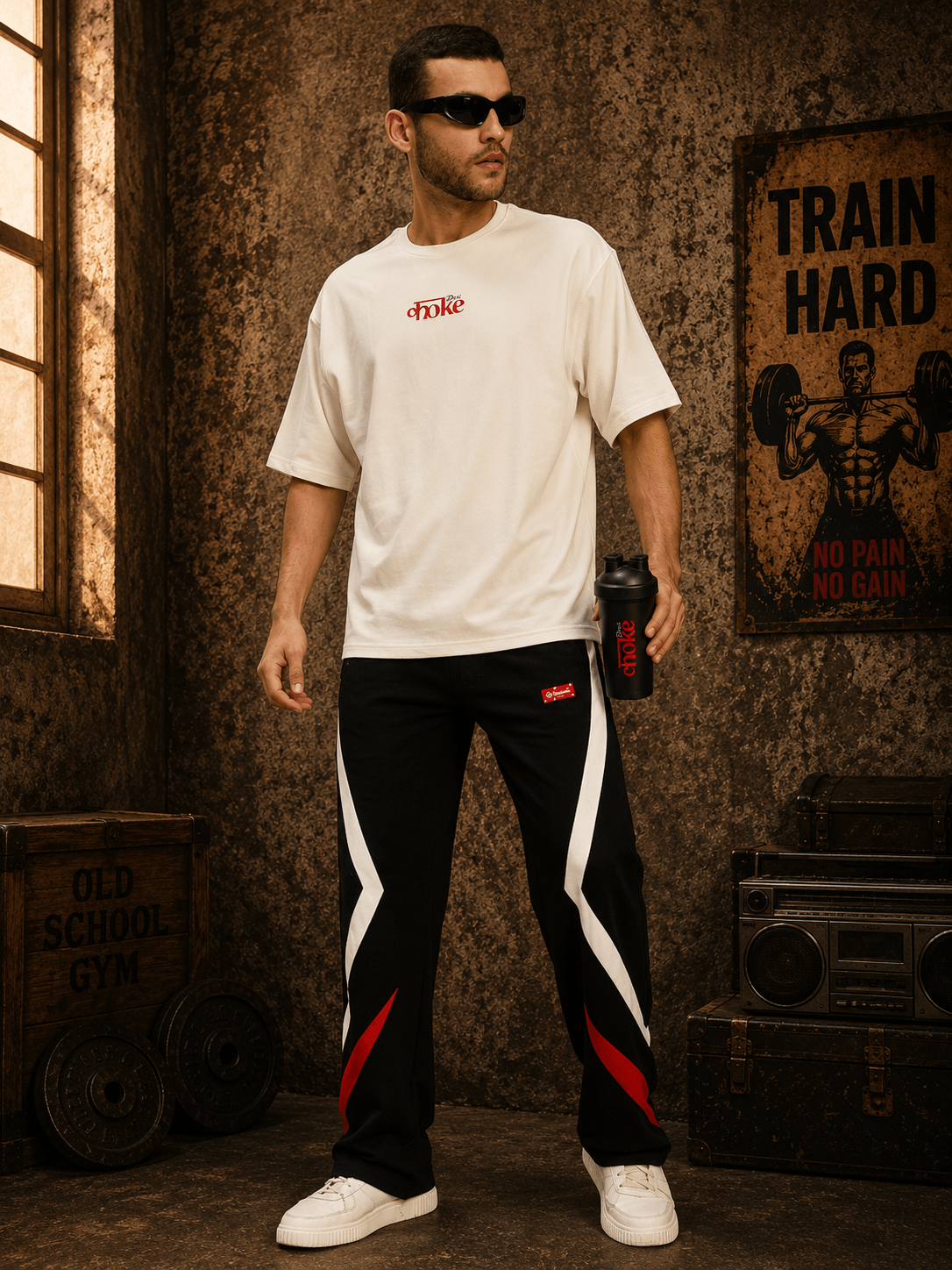 CREATIVE SLOGAN DUAL TEXT T-SHIRT CREAM worn with stylish black pants and sunglasses, exuding casual streetwear vibe.