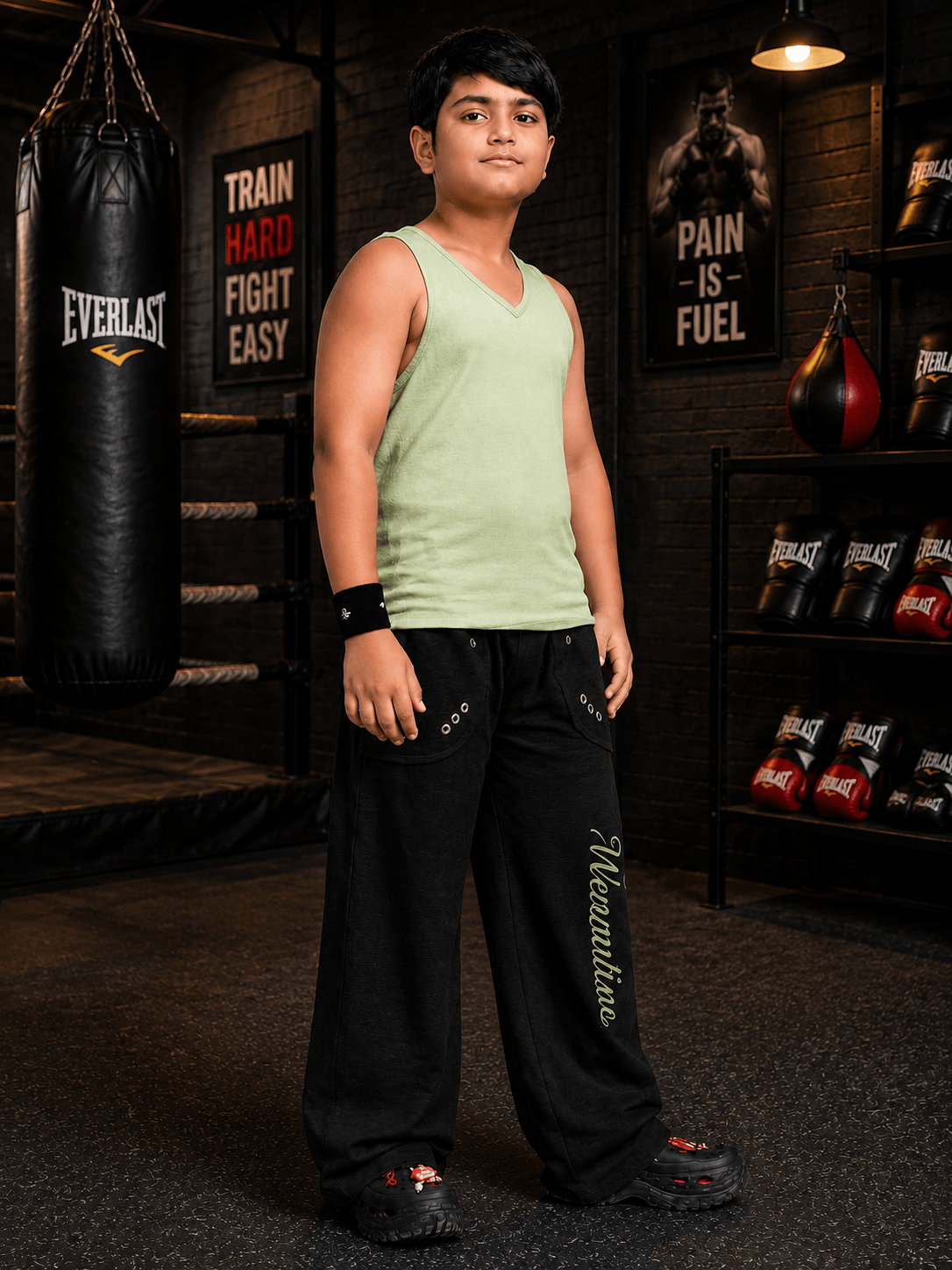 EASY WEAR VEST T-SHIRT FOR BOYS GIRLS SAGA GREEN worn by a boy in a boxing gym, showcasing a relaxed, sporty style.