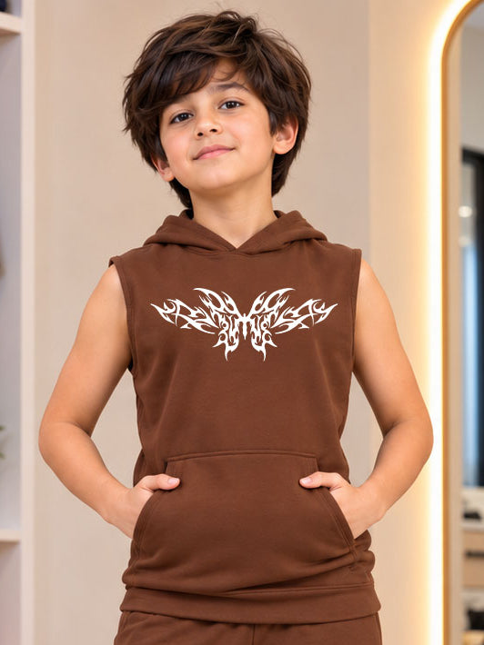 TRIBAL SLEEVELESS HOODED T-SHIRT FOR BOYS GIRLS BROWN