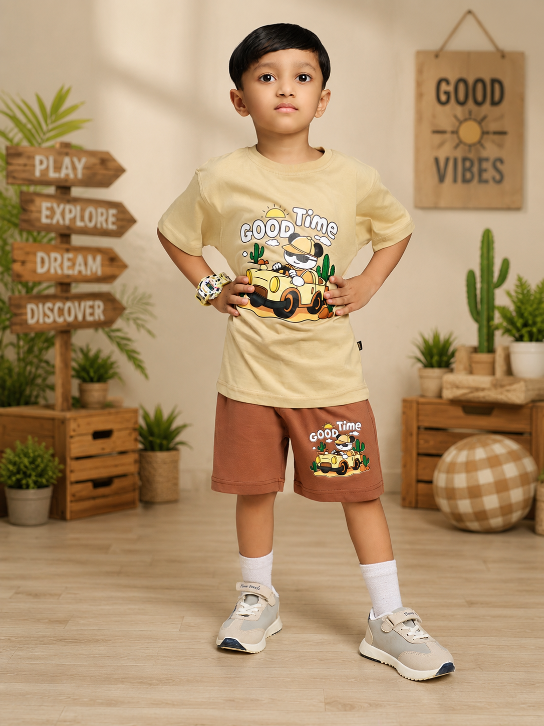 GOOD TIME PRINT CO-ORD FOR BOYS GIRLS BEIGE BROWN