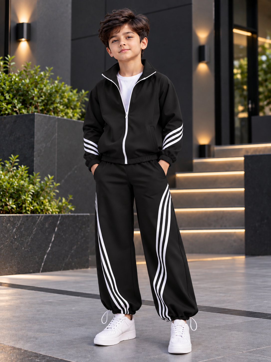 STREETWEAR THREE STRIPE CO-ORD SET FULL ZIPPER FOR BOYS GIRLS BLACK