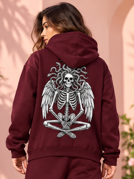 WOMEN GORGON SKULL PRINTED FLEECE HOODIE WINE