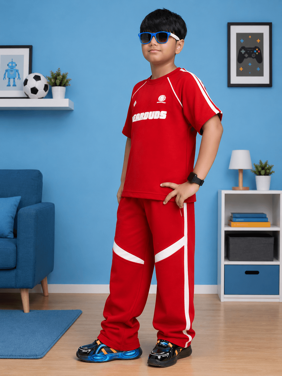 KIDS ROSTER CO-ORD BOYS GIRLS RED WHITE sporty outfit in red with white accents and sunglasses.